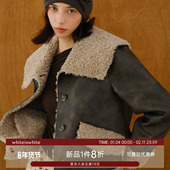 whiteiswhite 大翻领皮毛一体pu皮外套女2026冬新款 单排扣夹克