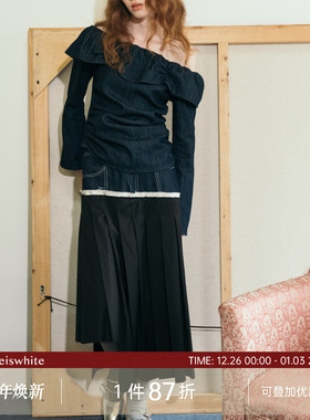 whiteiswhite 设计感拼接牛仔中长百褶半身裙女2025冬季新款裙子