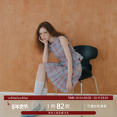 whiteiswhite复古蓝粉格纹无袖 上衣百褶半身短裙套装 两件套女夏