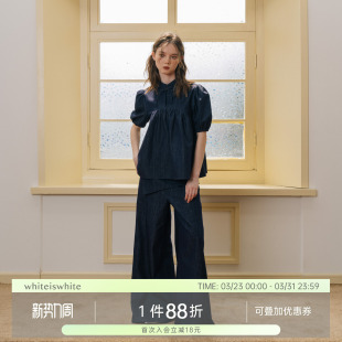 蝴蝶结短袖 牛仔立领泡泡袖 上衣女简约百搭T恤 新中式 whiteiswhite