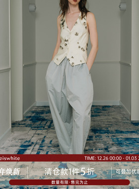 whiteiswhite宽松香蕉裤镰刀裤薄款休闲阔腿运动口袋工装裤女夏