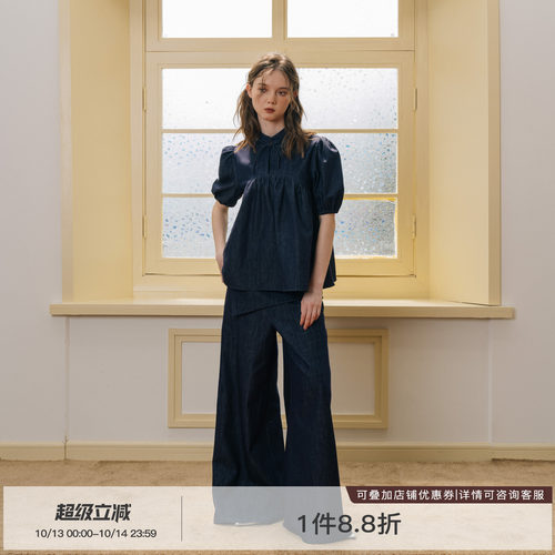 牛仔泡泡袖立领短袖新中式上衣女