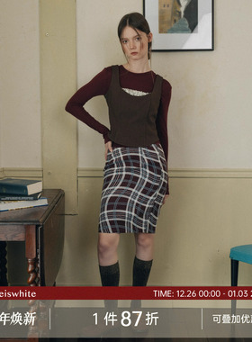 whiteiswhite复古格纹短裙冬新款高腰显瘦几何条纹半身裙包臀裙