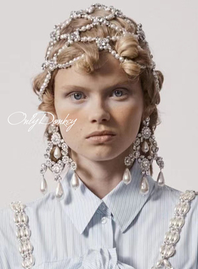 OnlyDonkey simoner*cha同款自制异形珍珠串珠钻石蝴蝶结头饰发饰