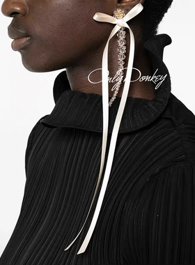 OnlyDonkey simoner*cha同款自制蝴蝶结丝带水晶珍珠串珠耳环耳夹