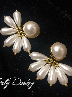 OnlyDonkey 自制vingate复古扇形水滴珍珠无耳洞耳夹吊坠耳钉耳环