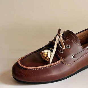 朴露 恩雅的店秋冬季皮面棕色乐福鞋复古女鞋软底豆豆鞋新款2025