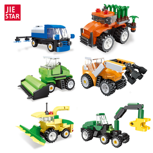 杰星牌六件套家庭农场拖拉机木材收割机农药车插秧机益智拼插积木