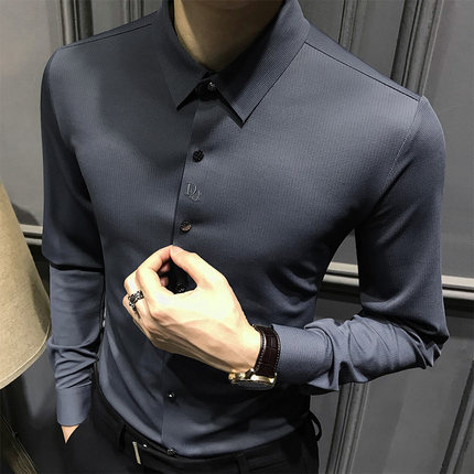 高级无痕衬衫男长袖加绒新款男士休闲商务衬衣高端修身男装寸免烫