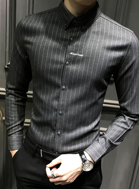 2025新款条纹衬衫男士秋季加绒加厚保暖高级长袖衬衣高端商务男装