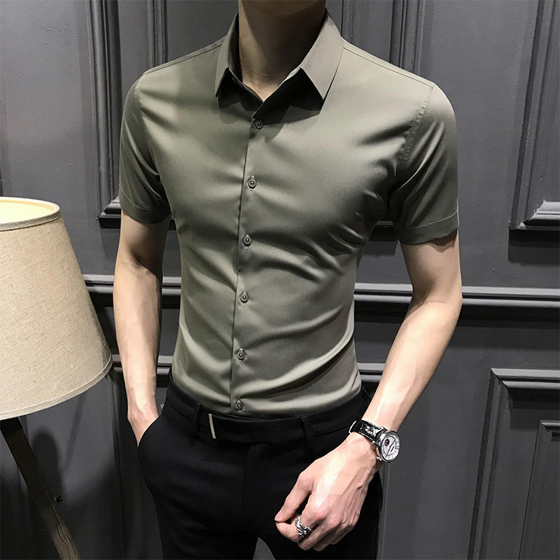 夏季冰丝男士衬衫短袖2025新款免烫商务修身衬衣潮半袖高端上衣寸