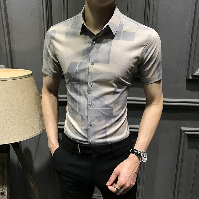 夏季免烫男士碎花衬衫短袖新款韩版帅气印花衬衣潮修身半袖上衣寸