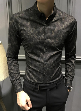 2025新款男士印花衬衫长袖暗花修身秋季高级休闲碎花衬衣痞帅男装