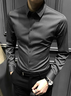 秋冬新款无痕男士条纹衬衫高级加绒加厚长袖衬衣高端修身商务男装