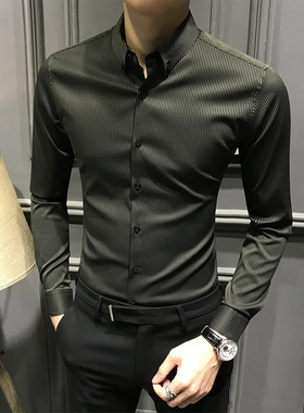 2025秋季男士竖条纹衬衫长袖潮流新款高级商务休闲高端衬衣修身寸