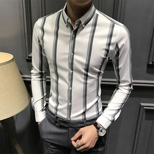竖条纹衬衫 商务男装 长袖 拼色休闲衬衣修身 上衣寸 潮流新款 春秋男士