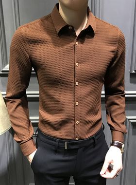 秋季2025新款衬衫男士长袖韩版修身休闲衬衣高端商务男装免烫寸衣