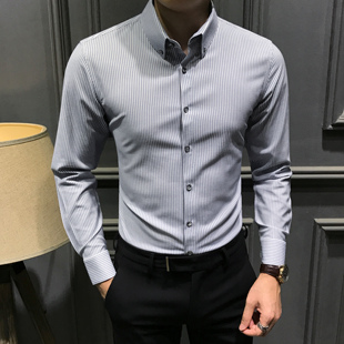 秋冬新款竖条纹男士衬衫韩版帅气高级感修身衬衣男休闲百搭上衣潮