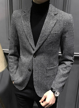 秋季千鸟格西装男外套新款男士休闲单件格子修身西服高级单西男装