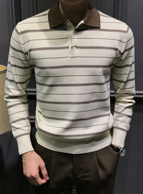 秋冬高级翻领毛衣男2025新款条纹百搭针织衫潮流帅气休闲高档毛衫