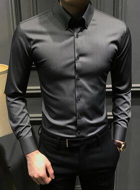 秋季高级纯色男士长袖衬衫痞帅商务修身衬衣时尚百搭潮流男装免烫