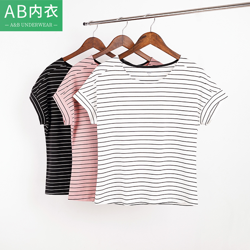 AB女士夏季薄款莫代尔棉弹力透气连袖衫少女时尚条纹短袖T恤H744