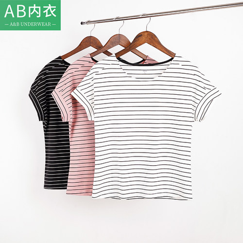 AB女士夏季薄款莫代尔棉弹力透气连袖衫少女时尚条纹短袖T恤H744