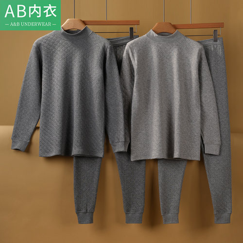 AB男中厚纯棉大码半高领三层秋衣