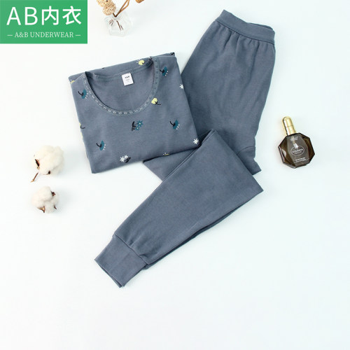 AB内衣女士秋冬薄款秋衣秋裤妈妈全棉大码宽松印花棉毛衫套装U170