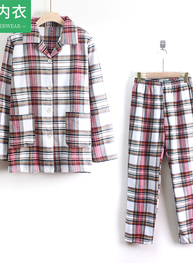 AB内衣女士纯棉大码格子印花家居服套装大码宽松双面刷绒睡衣U272