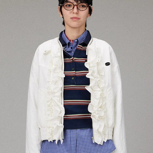 【LACERTA/莱瑟塔】25春新品花边珠片拉链领口学院风夹克休闲外套