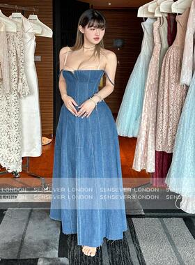 正品授权MONTSAND25ss高定秀款牛仔拼接网纱长裙