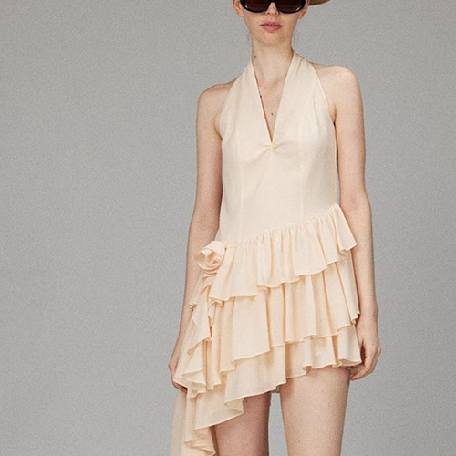 【LACERTA/莱瑟塔 设计师品牌】25夏季短裙v领立体花朵挂脖连衣裙