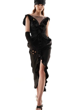 正品DATT越南小众品牌24春夏新款缎面玫瑰绑带开叉荷叶边铅笔裙