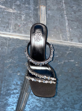 PIK MI UP三圈钻石凉拖鞋黑色白钻方头7cm高跟鞋镜面牛皮小众正品