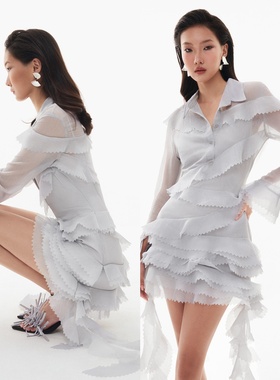 正品越南MUSTHAVE新24FW网纱长袖衬衫多层流苏连衣裙