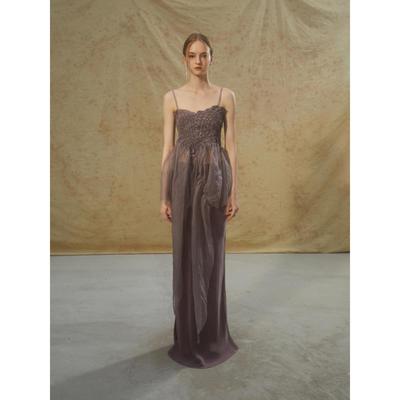 Deplumer24春夏新款100%真丝烟紫色长飘片上衣女轻盈抽象印花吊带