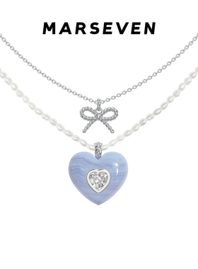MARSEVEN 闪光的心2系列蓝纹玛瑙爱心煳蝶结双层项链原创S925银
