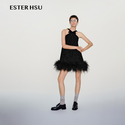 ESTER HSU2024AW 秋冬新品 珠片花呢羽毛连衣裙【戚薇同款】