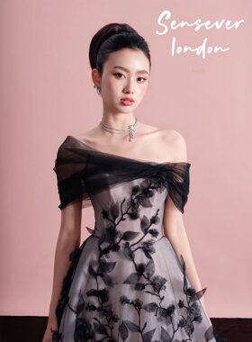 Degarbo正品 斜肩扭褶网纱 暗闪底纱立体黑色花朵刺绣蓬摆礼服