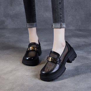 时尚网面厚底乐福鞋女春夏真皮透气网纱小皮鞋一脚蹬单鞋黑色凉鞋