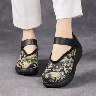 真皮汉服鞋女增高古风鞋子印花朵坡跟单鞋民族风复古浅口高跟皮鞋