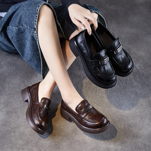 轻奢头层牛皮厚底乐福小皮鞋女春季新款复古英伦风增高单鞋小个子