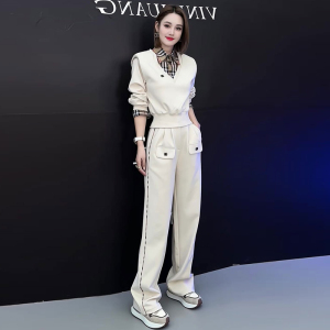 欧货高腰休闲套装女2023秋冬款拼接衬衣领套头上衣阔腿长裤两件套