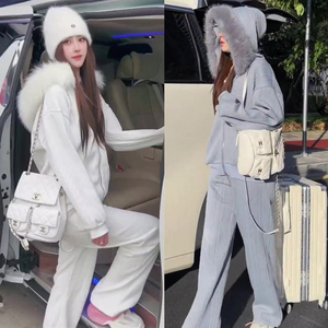 2023冬款女加绒休闲慵懒风毛毛连帽开衫高腰垂感阔腿裤套装两件套