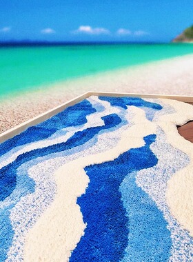 卧室床边地毯ins蓝色海浪轻奢植绒毯异形客厅沙发茶几装饰毯脚垫