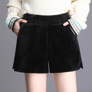宽松阔腿a字休闲夏季 外穿2023新款 黑色高腰 女春秋款 金丝绒短裤