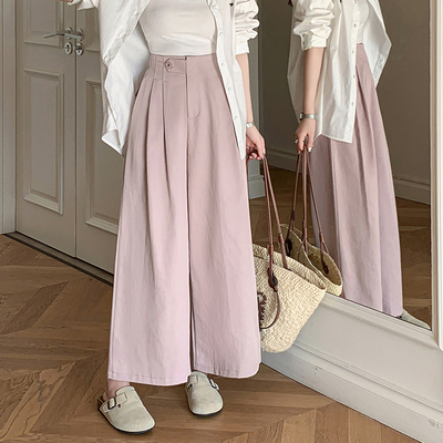 2025春夏洗水棉高腰显瘦设计感高腰长裤宽松阔腿九分休闲裤女