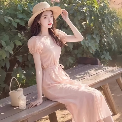 温柔风度假风法式泡泡袖粉色连衣裙子超仙女森系旅游长裙2025夏季