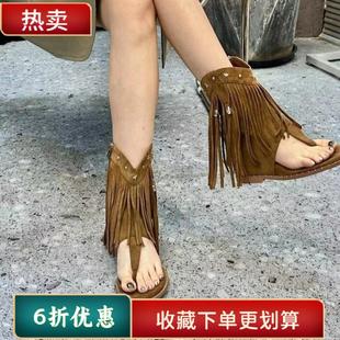 流苏铆钉罗马凉鞋 人字夹脚内增高侧拉链凉靴西部靴 女夏季 新款